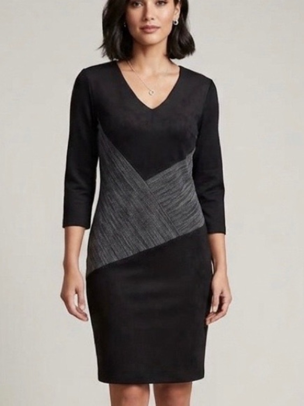 DKNY Colorblock Sheath Dress 3/4 Sleeve Black Grey Diagonal Stripe Panel 1693